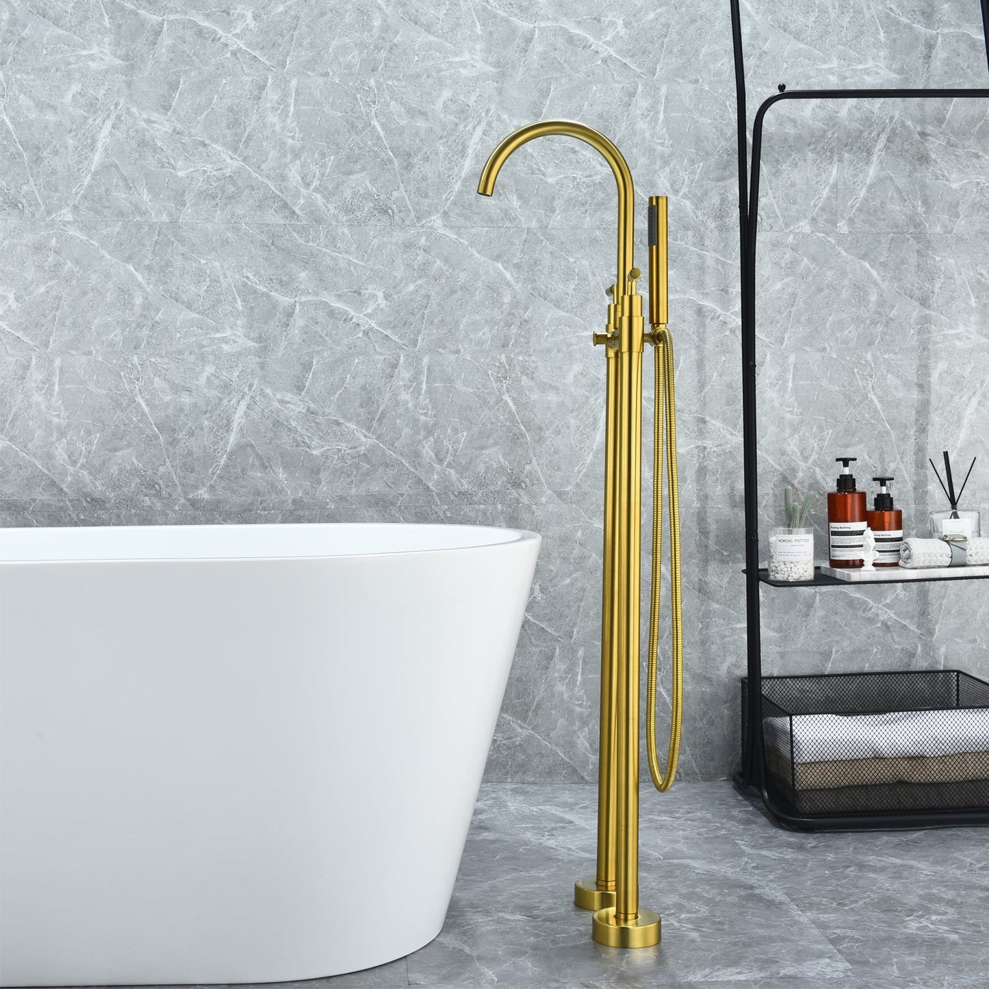 Gnosall Double Lever Handle Freestanding Floor Mounted Tub Filler with Handshower in Brushed Gold