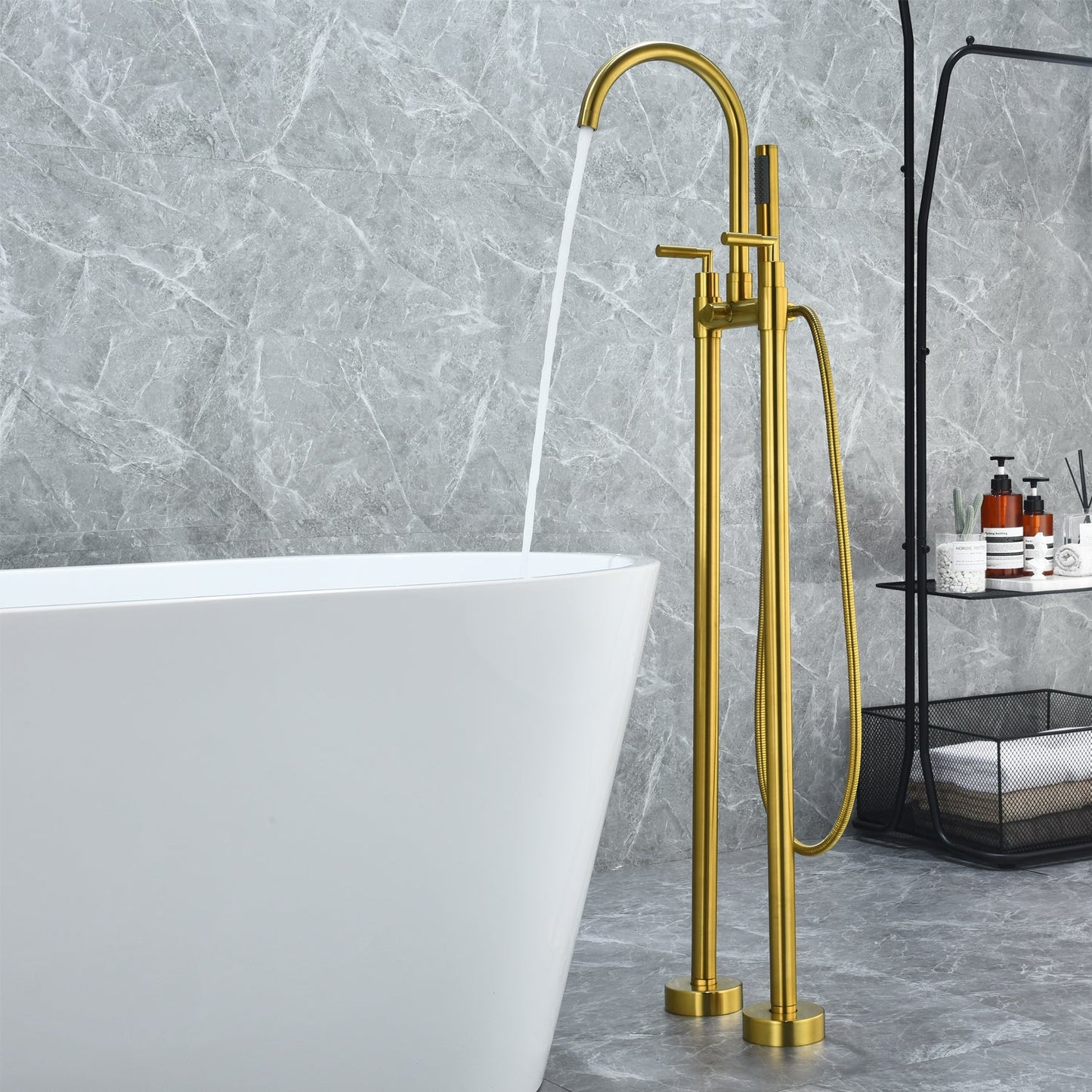 Gnosall Double Lever Handle Freestanding Floor Mounted Tub Filler with Handshower in Brushed Gold