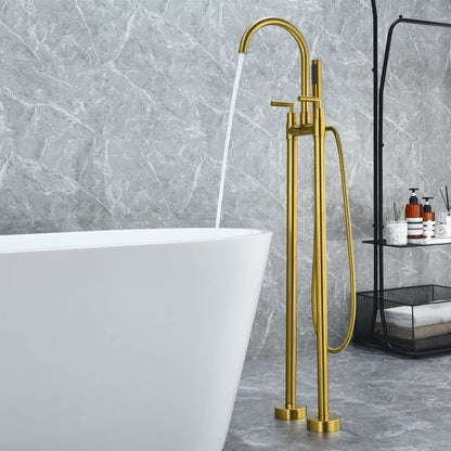 Gnosall Double Lever Handle Freestanding Floor Mounted Tub Filler with Handshower in Brushed Gold