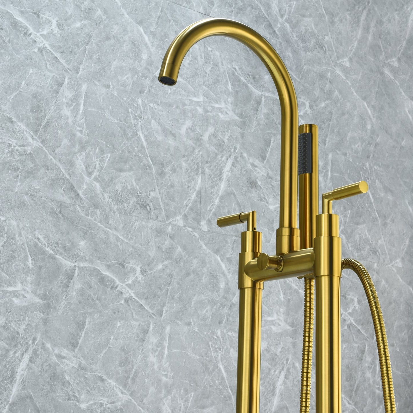 Gnosall Double Lever Handle Freestanding Floor Mounted Tub Filler with Handshower in Brushed Gold