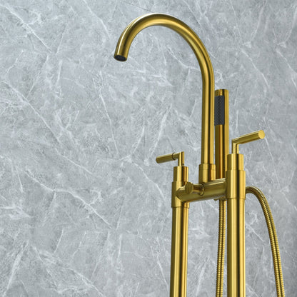 Gnosall Double Lever Handle Freestanding Floor Mounted Tub Filler with Handshower in Brushed Gold