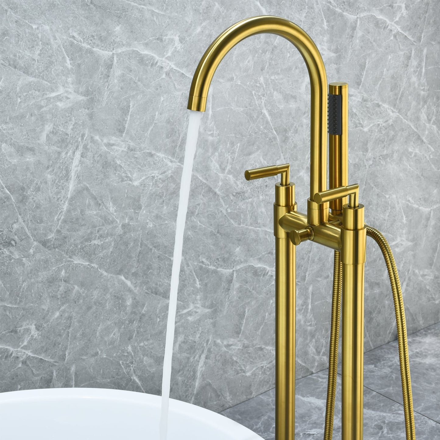 Gnosall Double Lever Handle Freestanding Floor Mounted Tub Filler with Handshower in Brushed Gold