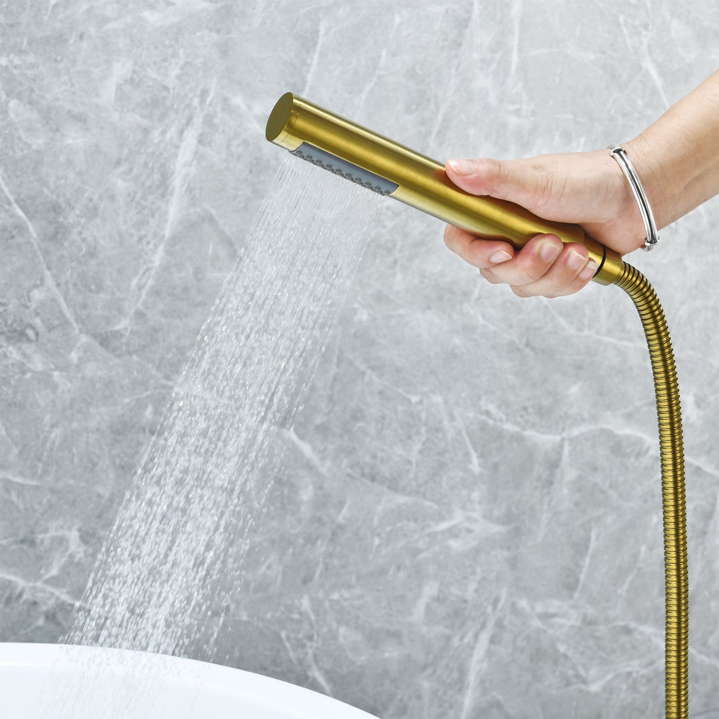 Gnosall Double Lever Handle Freestanding Floor Mounted Tub Filler with Handshower in Brushed Gold