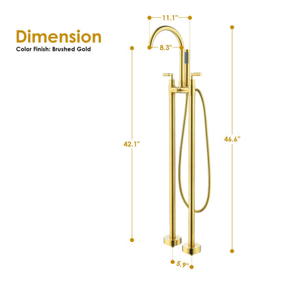 Gnosall Double Lever Handle Freestanding Floor Mounted Tub Filler with Handshower in Brushed Gold