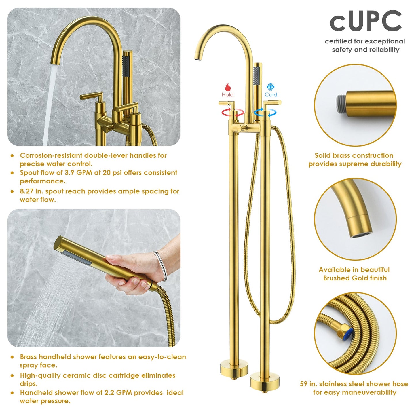 Gnosall Double Lever Handle Freestanding Floor Mounted Tub Filler with Handshower in Brushed Gold