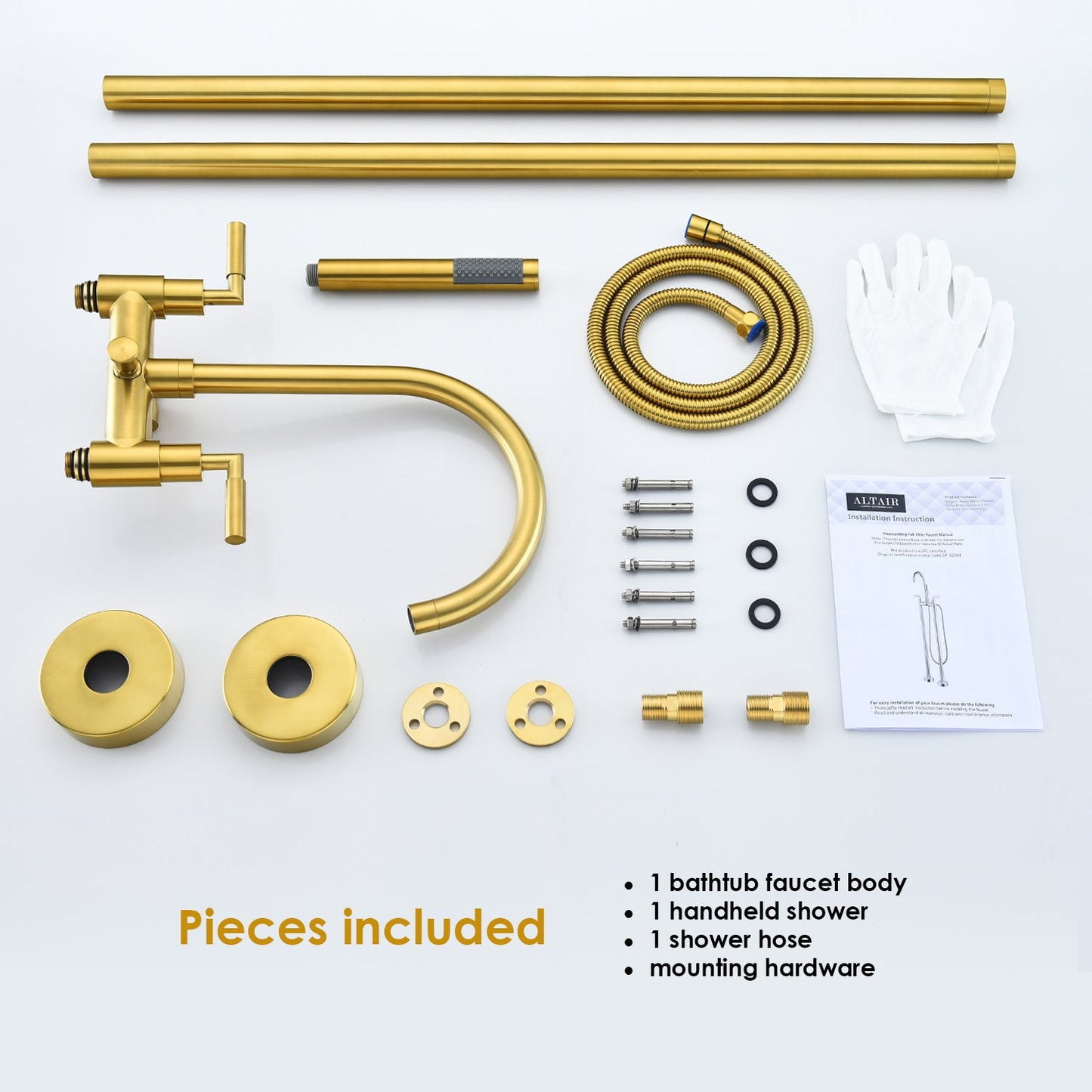 Gnosall Double Lever Handle Freestanding Floor Mounted Tub Filler with Handshower in Brushed Gold