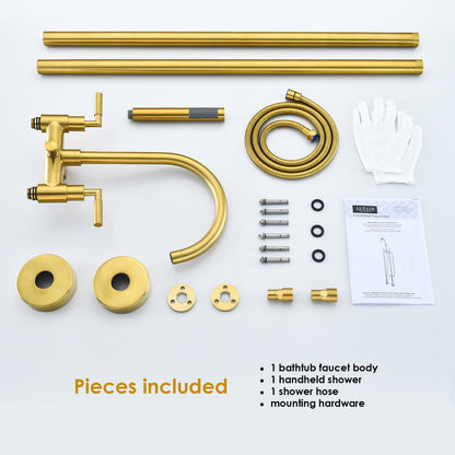 Gnosall Double Lever Handle Freestanding Floor Mounted Tub Filler with Handshower in Brushed Gold