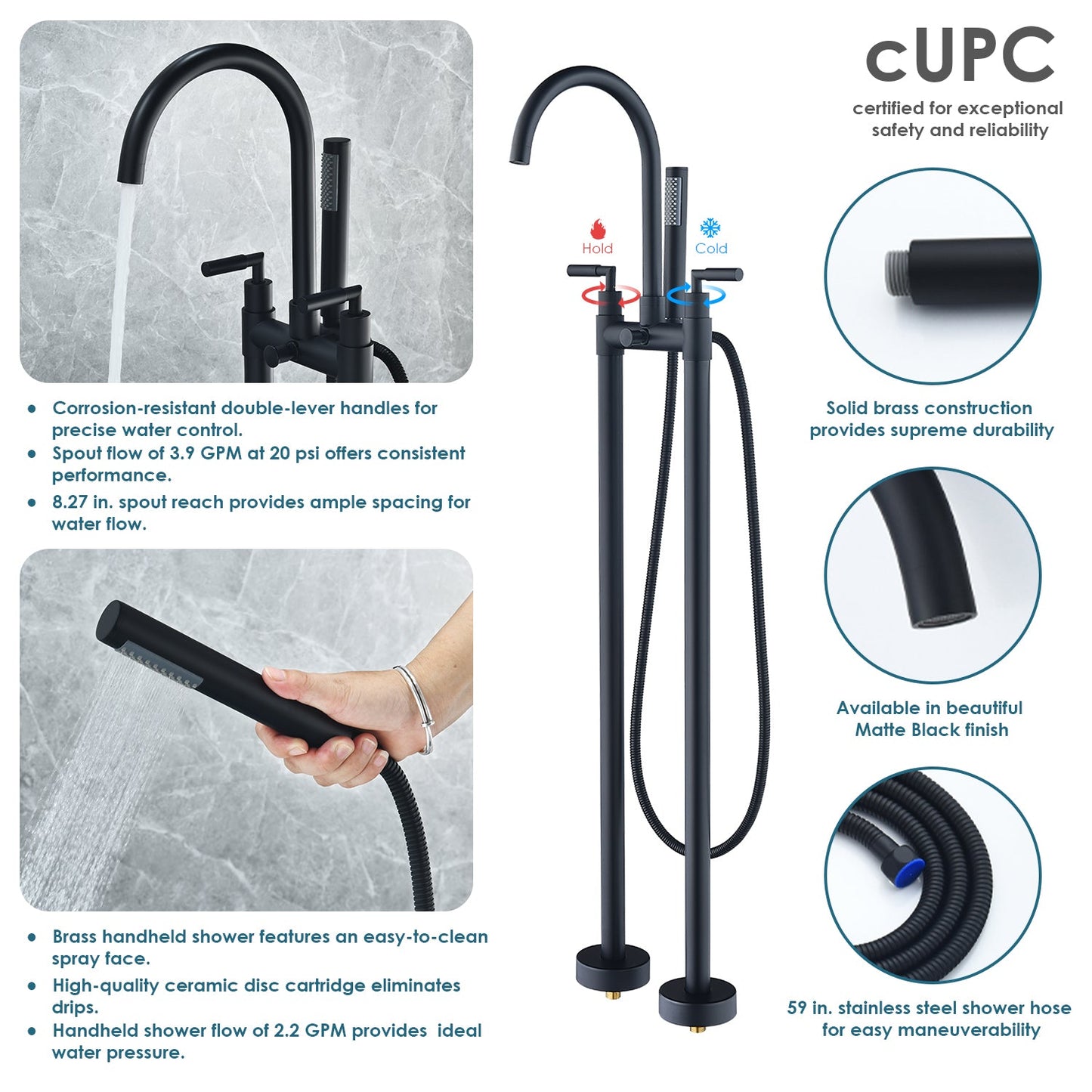 Gnosall Double Lever Handle Freestanding Floor Mounted Tub Filler with Handshower in Matte Black