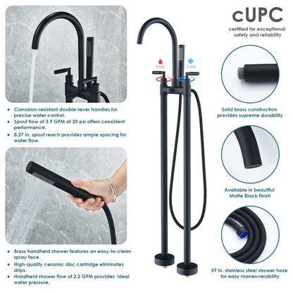 Gnosall Double Lever Handle Freestanding Floor Mounted Tub Filler with Handshower in Matte Black