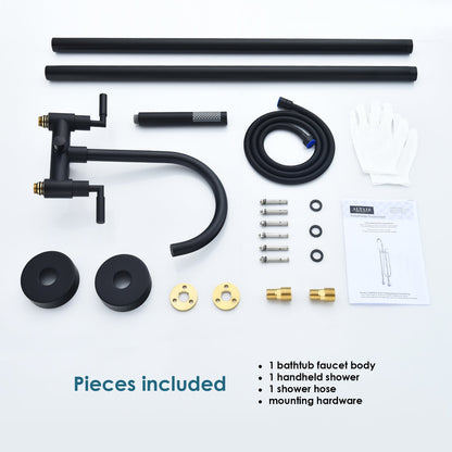 Gnosall Double Lever Handle Freestanding Floor Mounted Tub Filler with Handshower in Matte Black