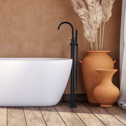 Gnosall Double Lever Handle Freestanding Floor Mounted Tub Filler with Handshower in Matte Black