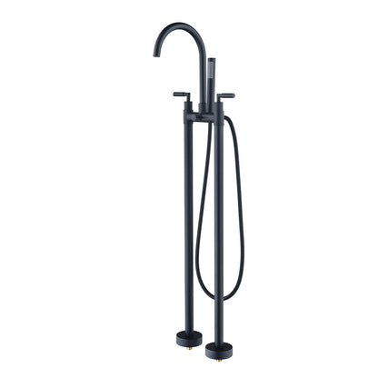 Gnosall Double Lever Handle Freestanding Floor Mounted Tub Filler with Handshower in Matte Black