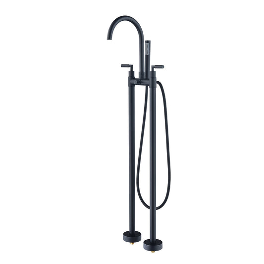 Gnosall Double Lever Handle Freestanding Floor Mounted Tub Filler with Handshower in Matte Black