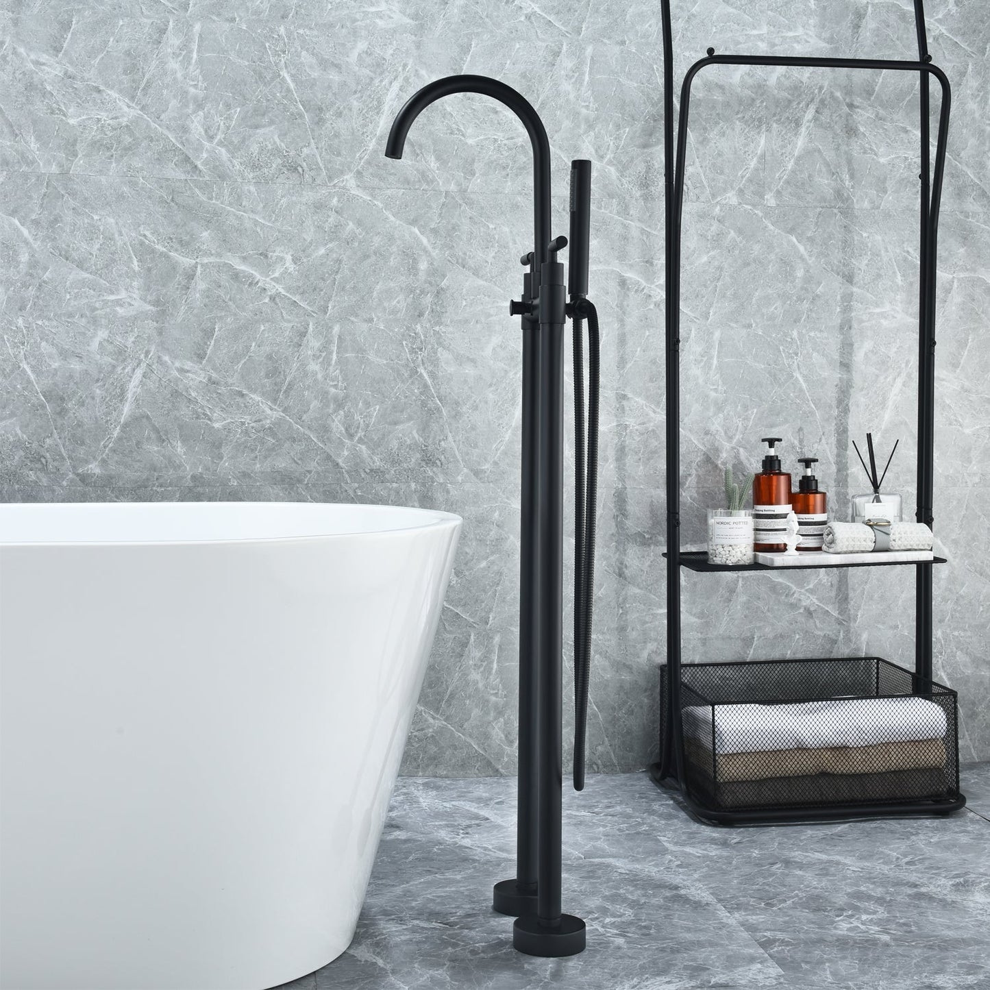 Gnosall Double Lever Handle Freestanding Floor Mounted Tub Filler with Handshower in Matte Black
