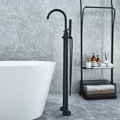 Gnosall Double Lever Handle Freestanding Floor Mounted Tub Filler with Handshower in Matte Black
