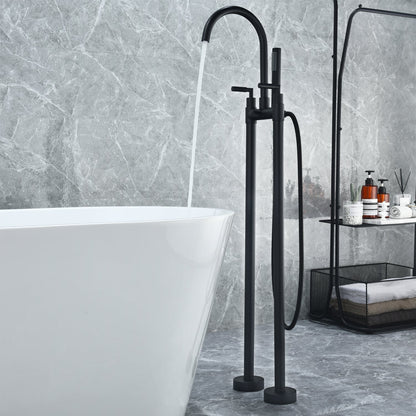 Gnosall Double Lever Handle Freestanding Floor Mounted Tub Filler with Handshower in Matte Black