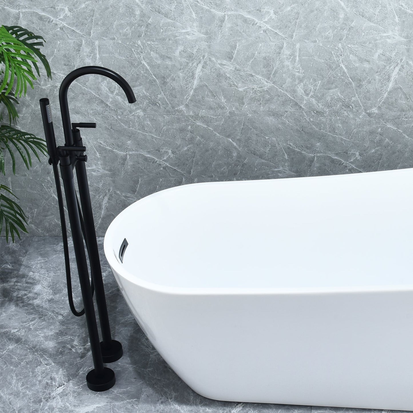 Gnosall Double Lever Handle Freestanding Floor Mounted Tub Filler with Handshower in Matte Black