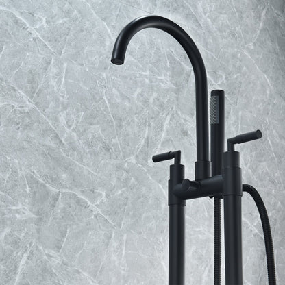 Gnosall Double Lever Handle Freestanding Floor Mounted Tub Filler with Handshower in Matte Black