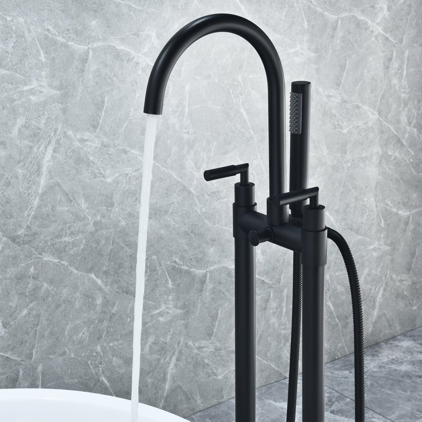 Gnosall Double Lever Handle Freestanding Floor Mounted Tub Filler with Handshower in Matte Black