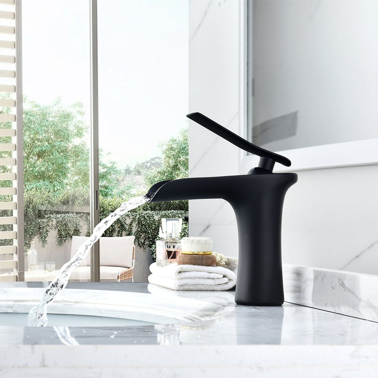 Mayen Single Hole Single-Handle Waterfall Bathroom Faucet in Matte Black