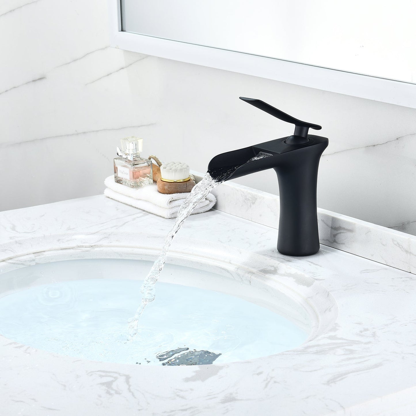 Mayen Single Hole Single-Handle Waterfall Bathroom Faucet in Matte Black