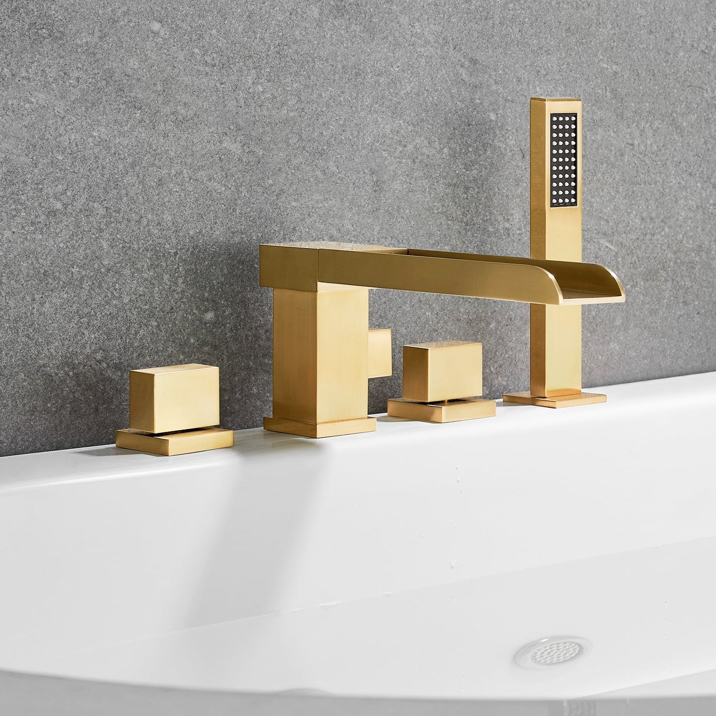 Nairn Deck-Mount Roman Waterfall Tub Filler in Brushed Gold with Handshower