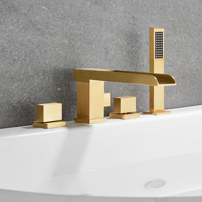 Nairn Deck-Mount Roman Waterfall Tub Filler in Brushed Gold with Handshower