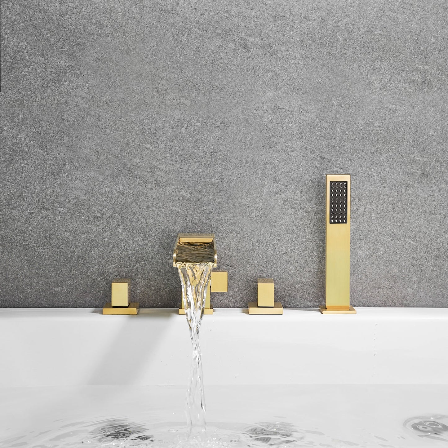 Nairn Deck-Mount Roman Waterfall Tub Filler in Brushed Gold with Handshower