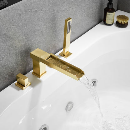 Nairn Deck-Mount Roman Waterfall Tub Filler in Brushed Gold with Handshower