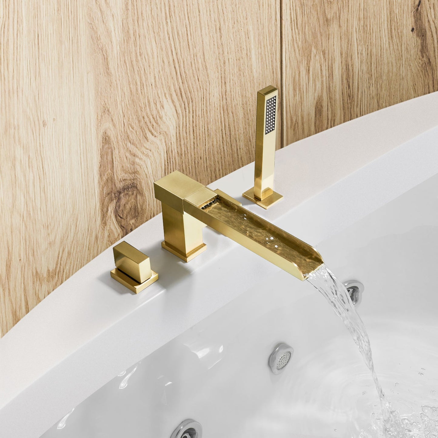 Nairn Deck-Mount Roman Waterfall Tub Filler in Brushed Gold with Handshower