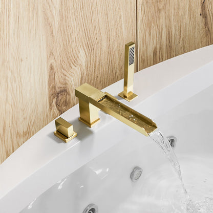Nairn Deck-Mount Roman Waterfall Tub Filler in Brushed Gold with Handshower