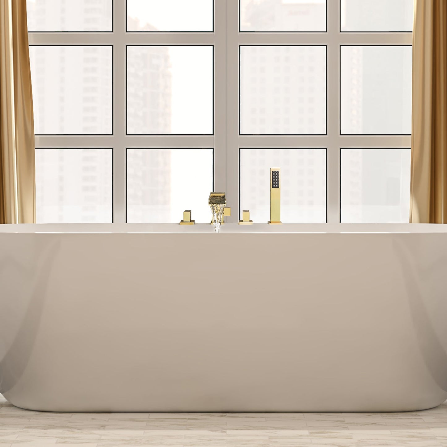 Nairn Deck-Mount Roman Waterfall Tub Filler in Brushed Gold with Handshower