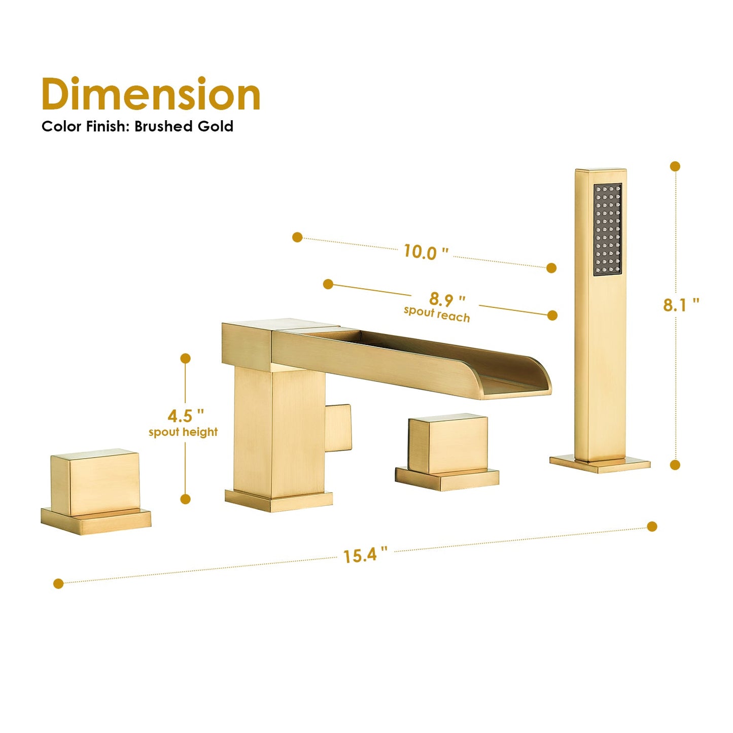 Nairn Deck-Mount Roman Waterfall Tub Filler in Brushed Gold with Handshower