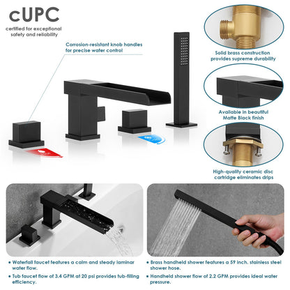 Nairn Deck-Mount Roman Waterfall Tub Filler in Matte Black with Handshower