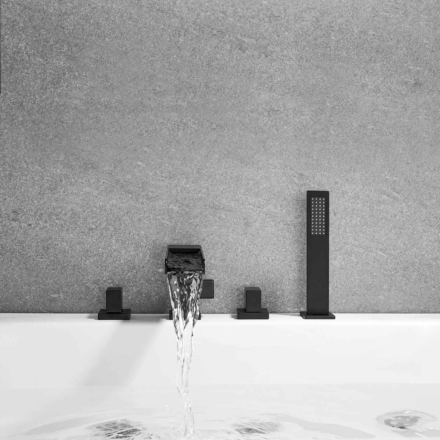 Nairn Deck-Mount Roman Waterfall Tub Filler in Matte Black with Handshower