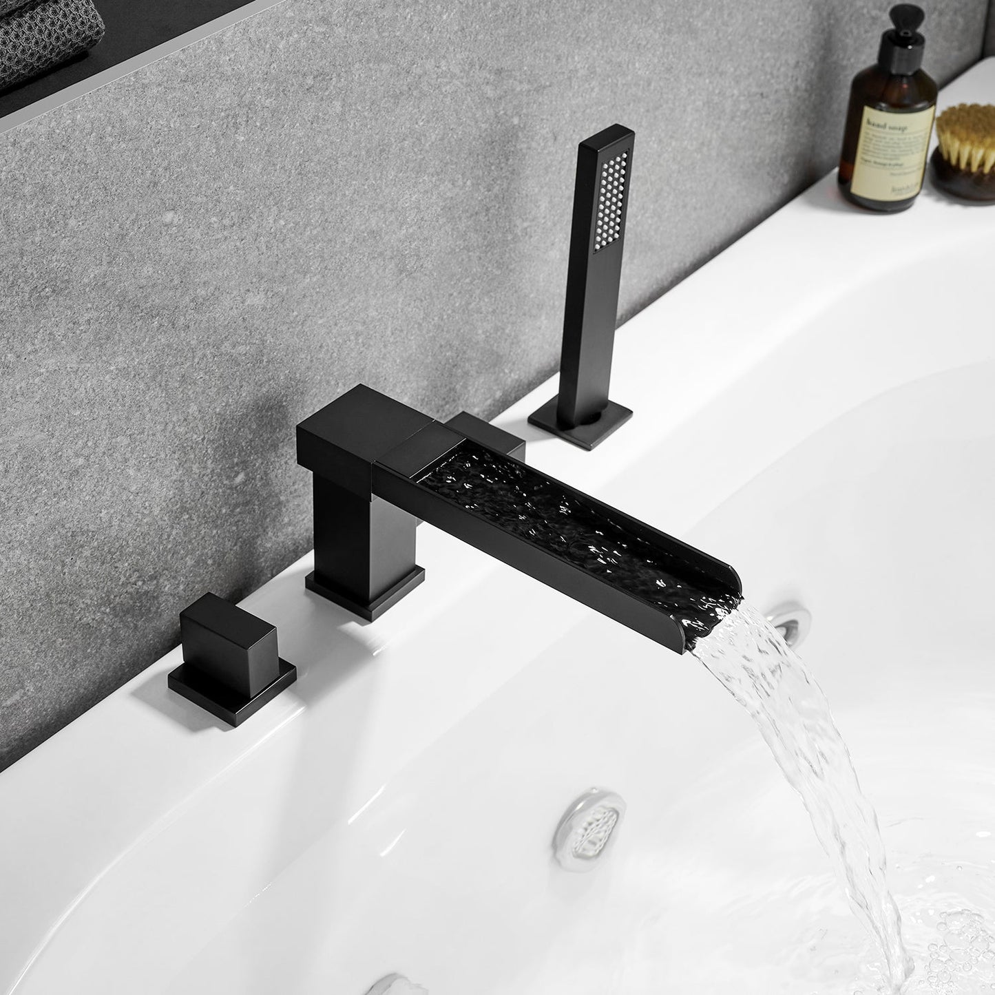 Nairn Deck-Mount Roman Waterfall Tub Filler in Matte Black with Handshower