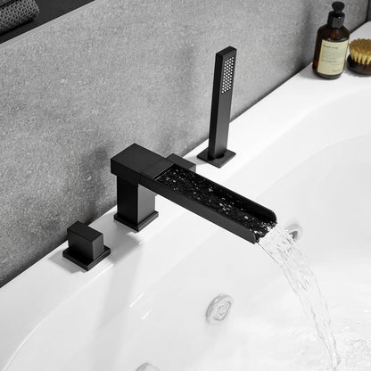 Nairn Deck-Mount Roman Waterfall Tub Filler in Matte Black with Handshower
