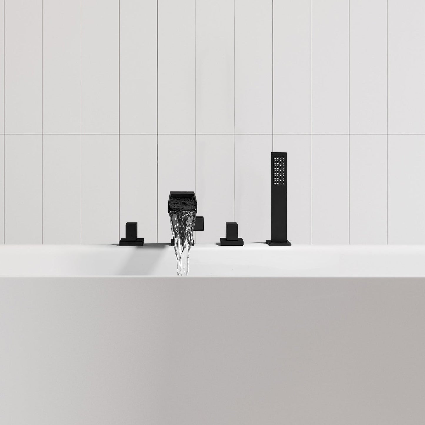 Nairn Deck-Mount Roman Waterfall Tub Filler in Matte Black with Handshower