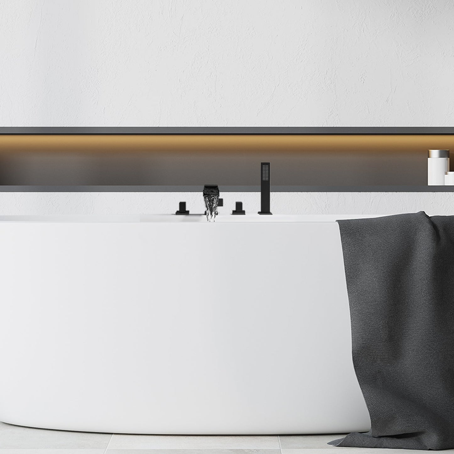 Nairn Deck-Mount Roman Waterfall Tub Filler in Matte Black with Handshower