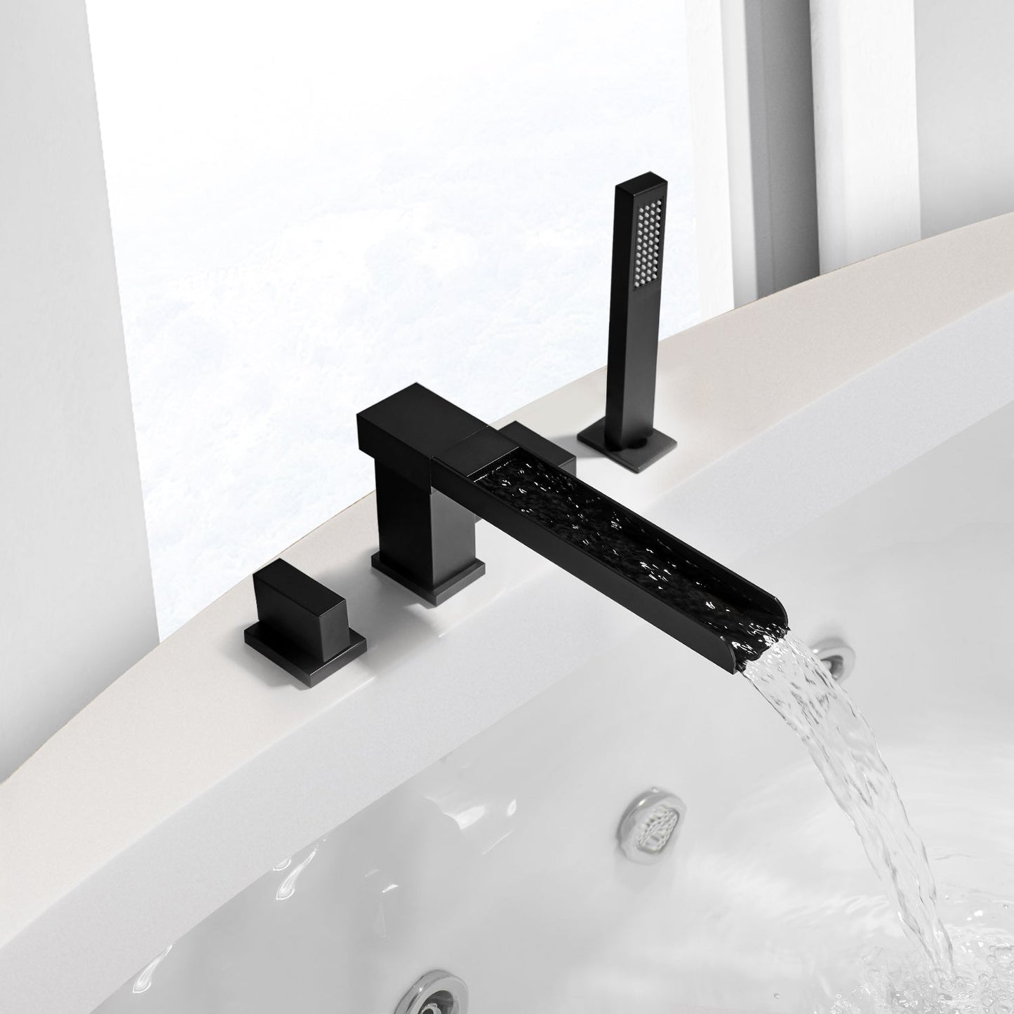 Nairn Deck-Mount Roman Waterfall Tub Filler in Matte Black with Handshower