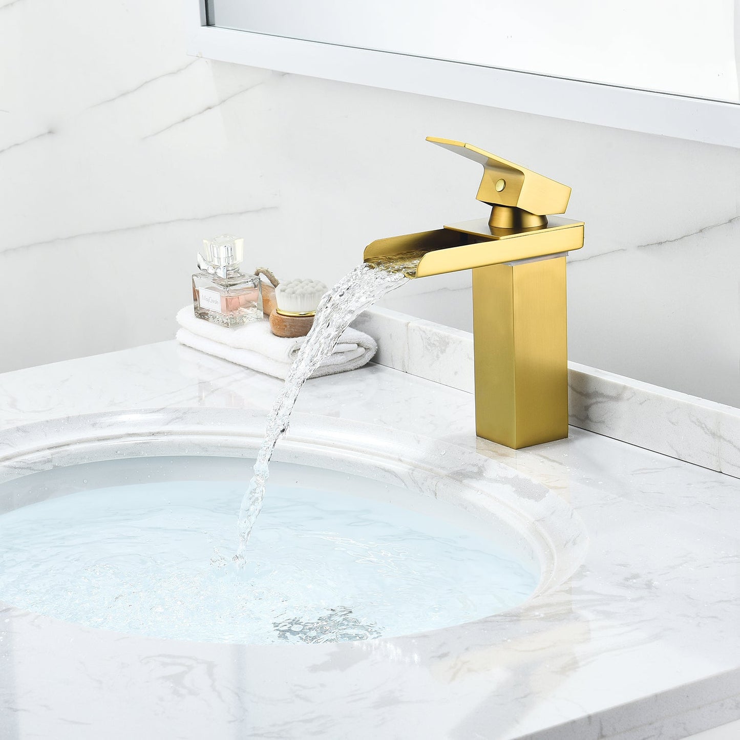 Sassor Single Hole Single-Handle Waterfall Bathroom Faucet in Brushed Gold