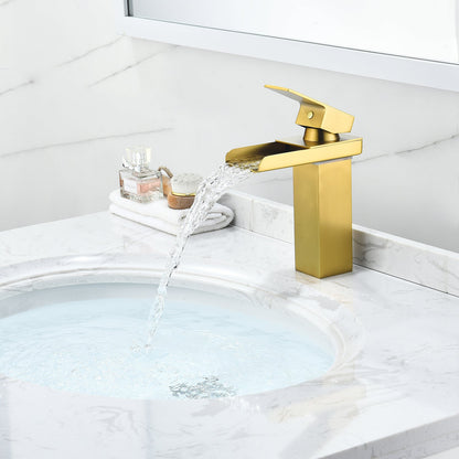 Sassor Single Hole Single-Handle Waterfall Bathroom Faucet in Brushed Gold