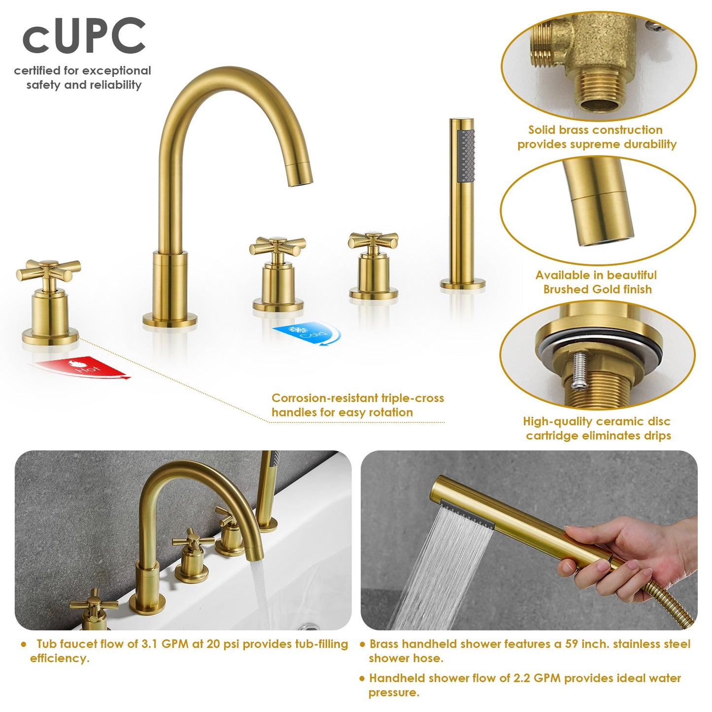 Sorlia Cross Handles Deck-Mount Roman Tub Faucet in Brushed Gold with Handshower