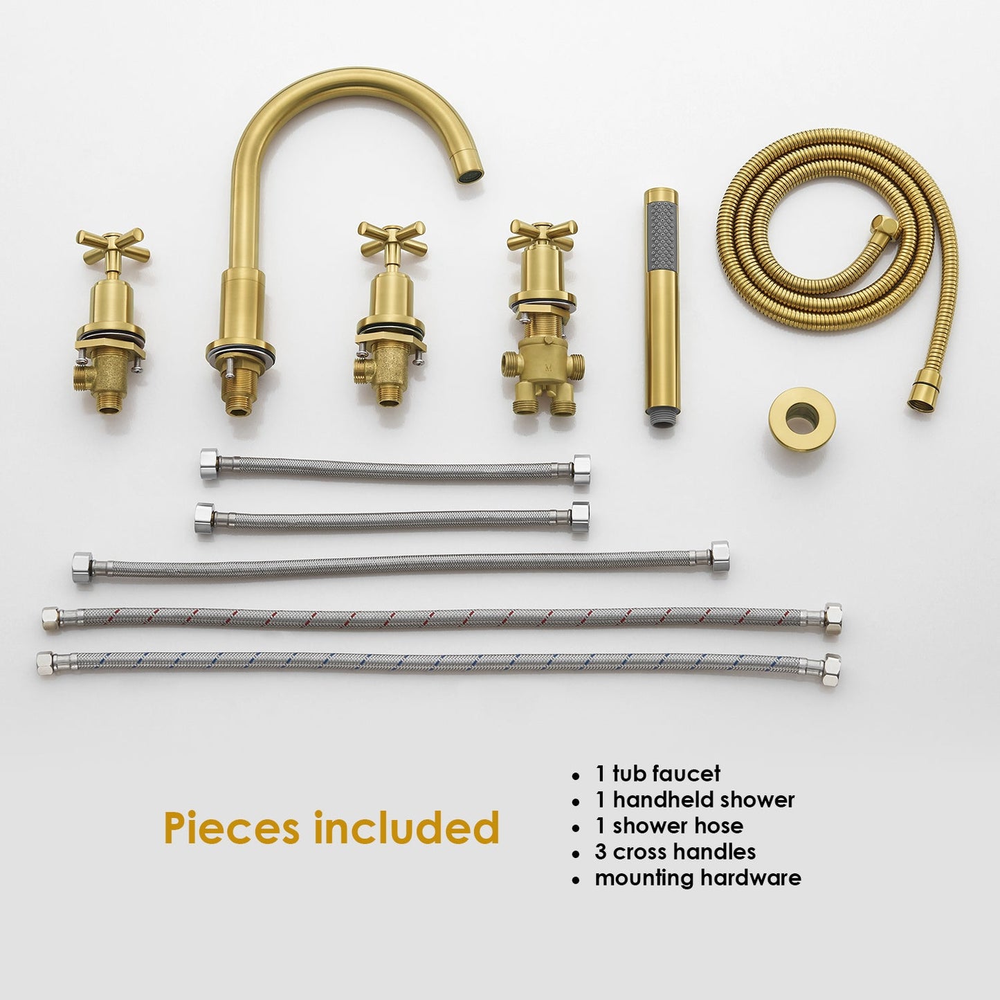 Sorlia Cross Handles Deck-Mount Roman Tub Faucet in Brushed Gold with Handshower