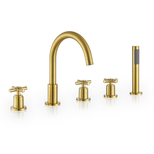 Sorlia Cross Handles Deck-Mount Roman Tub Faucet in Brushed Gold with Handshower