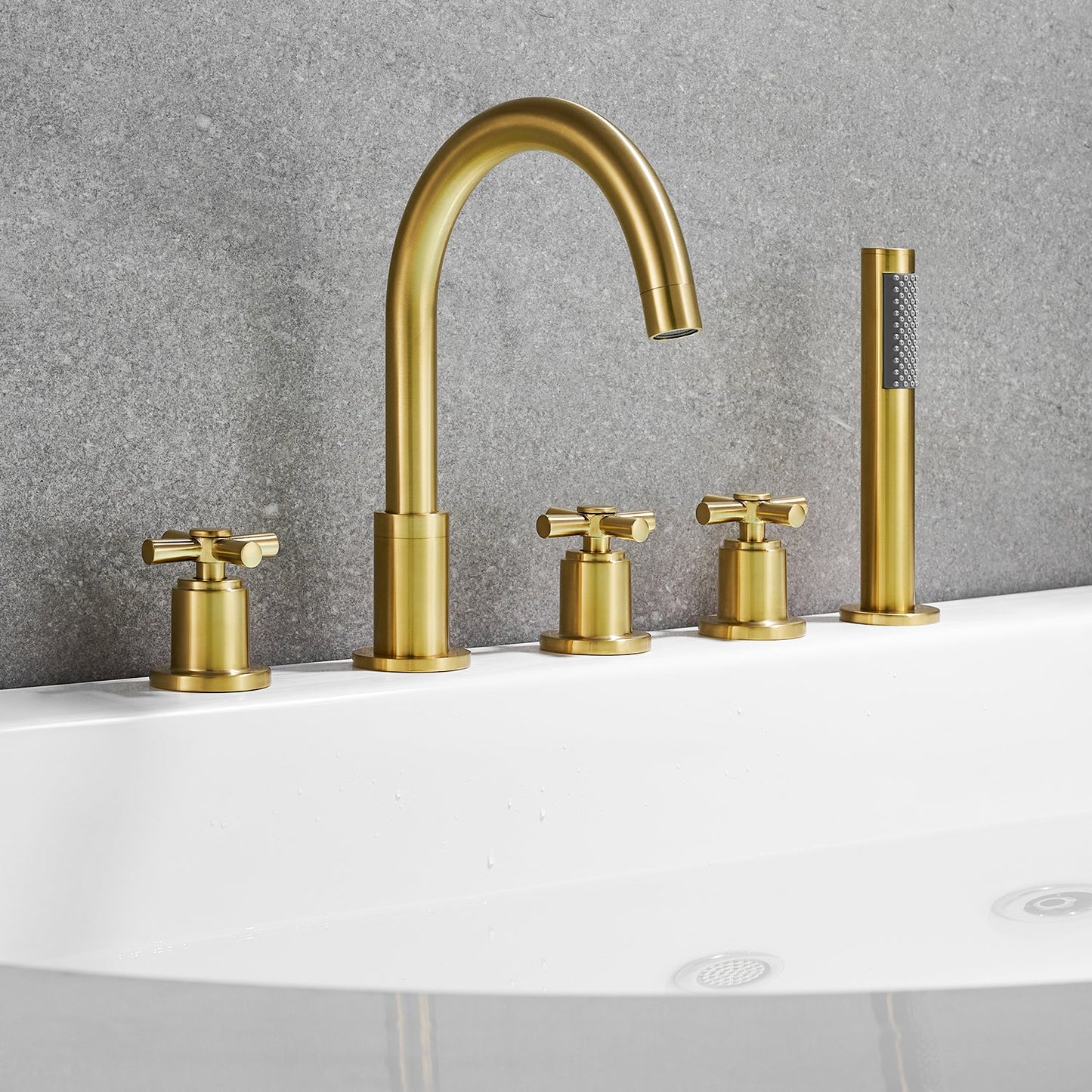 Sorlia Cross Handles Deck-Mount Roman Tub Faucet in Brushed Gold with Handshower