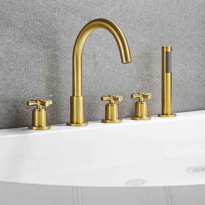 Sorlia Cross Handles Deck-Mount Roman Tub Faucet in Brushed Gold with Handshower