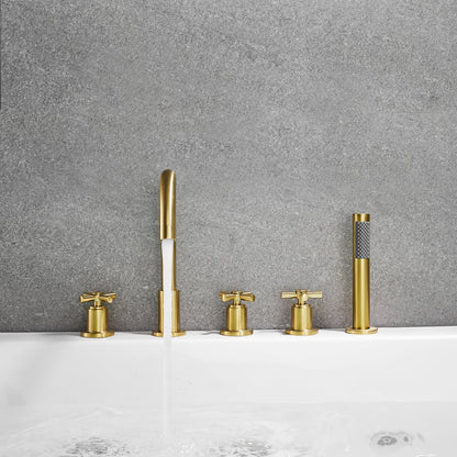 Sorlia Cross Handles Deck-Mount Roman Tub Faucet in Brushed Gold with Handshower