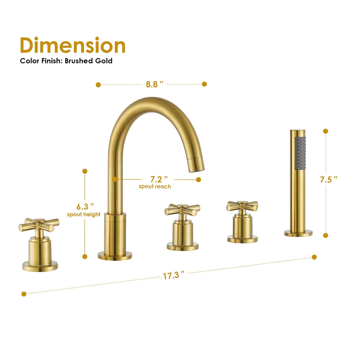 Sorlia Cross Handles Deck-Mount Roman Tub Faucet in Brushed Gold with Handshower