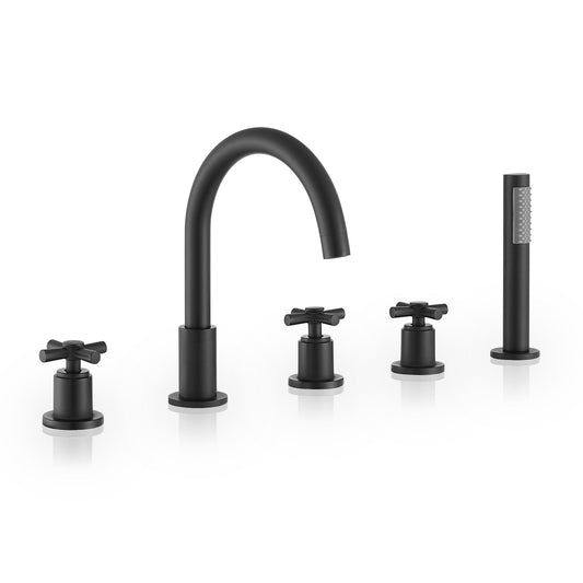 Sorlia Cross Handles Deck-Mount Roman Tub Faucet in Matte Black with Handheld shower